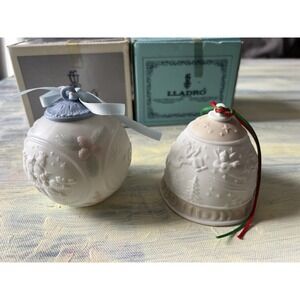 Lladro Christmas Ornament Lot 1989 Bell 5616 & 1993 Ball Porcelain w/ Boxes